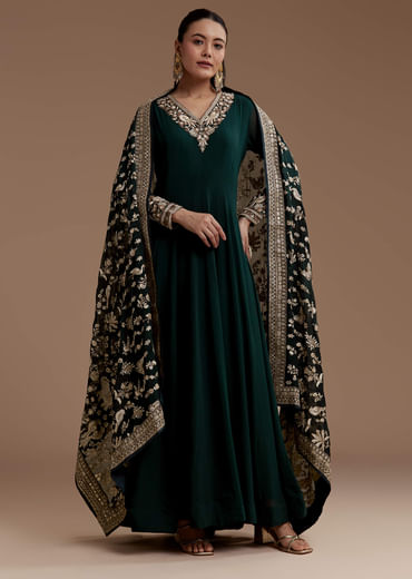 Dark Green Anarkali Set with Sequin Work