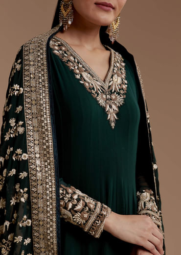 Dark Green Anarkali Set with Sequin Work