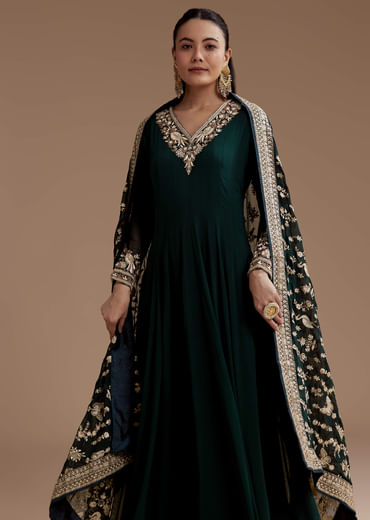Dark Green Anarkali Set with Sequin Work