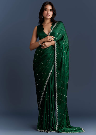 Dark Green Chinon Embroidered Saree With Intricate Hand Embroidery
