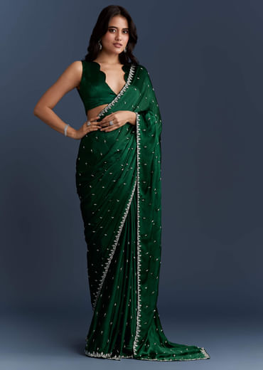 Dark Green Chinon Embroidered Saree With Intricate Hand Embroidery
