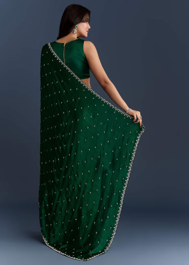Dark Green Chinon Embroidered Saree With Intricate Hand Embroidery