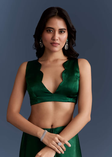 Dark Green Chinon Embroidered Saree With Intricate Hand Embroidery
