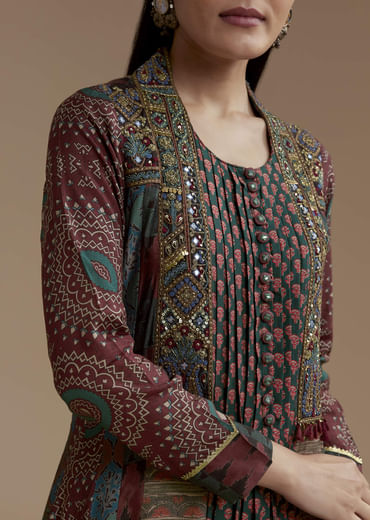 Dark Green Indie Print Muslin Kurta Set with Thread Work