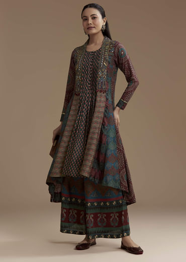 Dark Green Indie Print Muslin Kurta Set with Thread Work