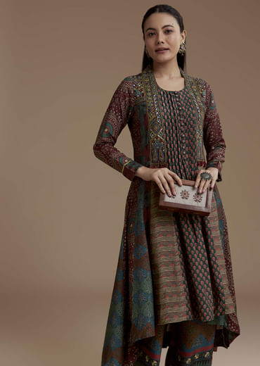 Dark Green Indie Print Muslin Kurta Set with Thread Work