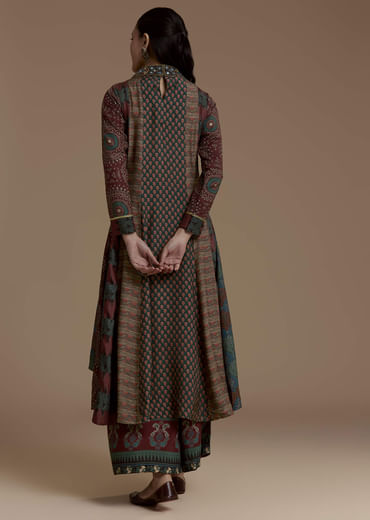 Dark Green Indie Print Muslin Kurta Set with Thread Work