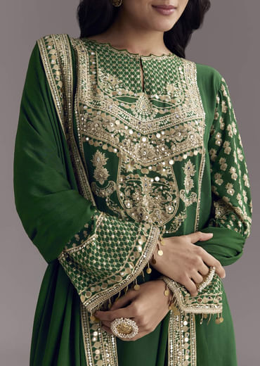 Dark Green Printed Crepe Palazzo Set With Keyhole Neckline