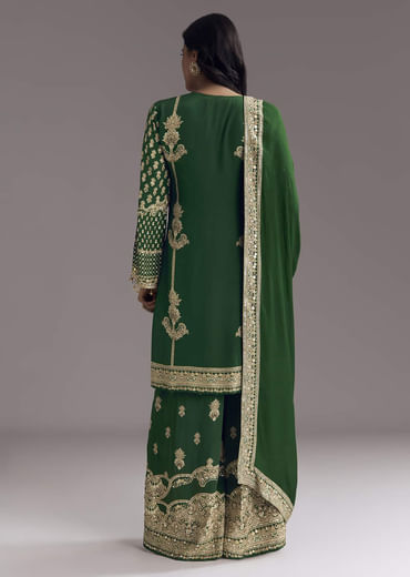 Dark Green Printed Crepe Palazzo Set With Keyhole Neckline