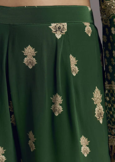 Dark Green Printed Crepe Palazzo Set With Keyhole Neckline