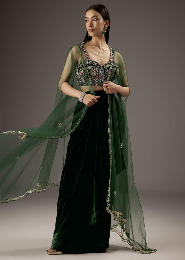 Dark Green Velvet Crop Top Skirt With Heavy Embroidery Dark Green Velvet Crop Top Skirt With Heavy Embroidery