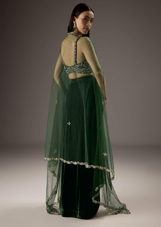 Dark Green Velvet Crop Top Skirt With Heavy Embroidery Dark Green Velvet Crop Top Skirt With Heavy Embroidery