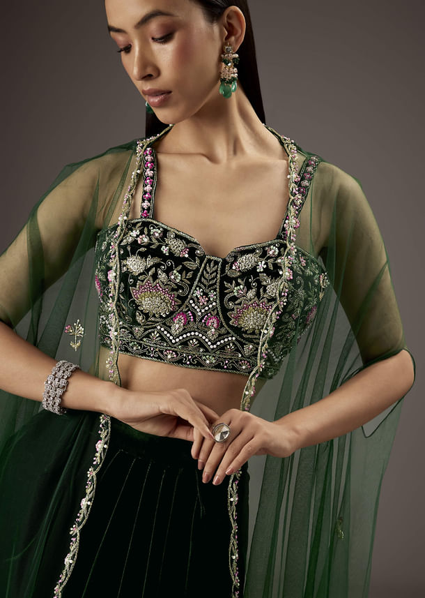 Dark Green Velvet Crop Top Skirt With Heavy Embroidery Dark Green Velvet Crop Top Skirt With Heavy Embroidery