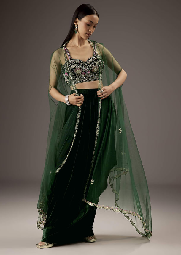 Dark Green Velvet Crop Top Skirt With Heavy Embroidery Dark Green Velvet Crop Top Skirt With Heavy Embroidery