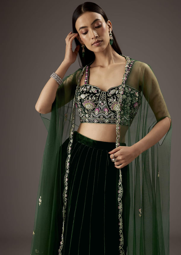Dark Green Velvet Crop Top Skirt With Heavy Embroidery Dark Green Velvet Crop Top Skirt With Heavy Embroidery