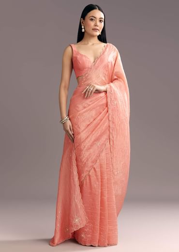 Dark Peach Crushed Tissue Embroidered Saree With Scallop Border