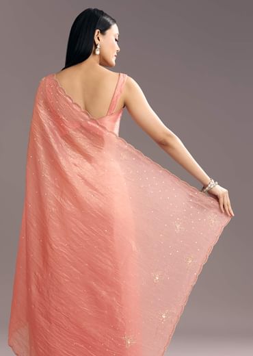 Dark Peach Crushed Tissue Embroidered Saree With Scallop Border