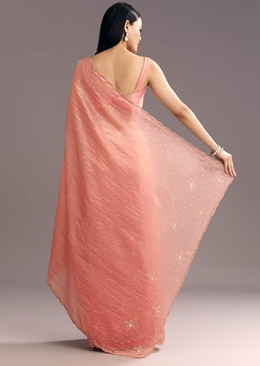 Dark Peach Crushed Tissue Embroidered Saree With Scallop Border