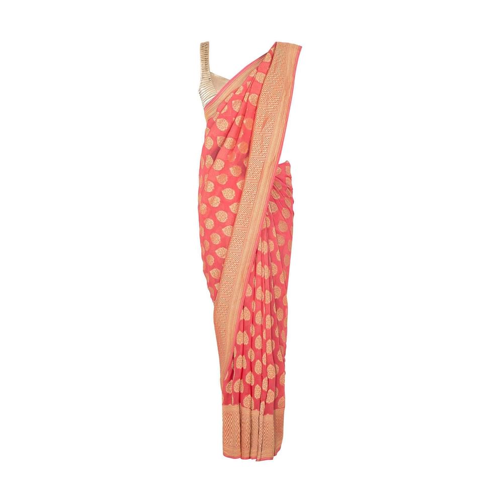 Dark peach georgette saree in weaved butti and border