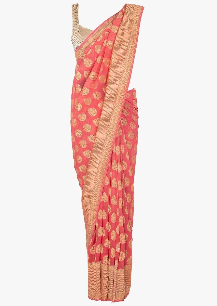 Dark peach georgette saree in weaved butti and border only on Kalki