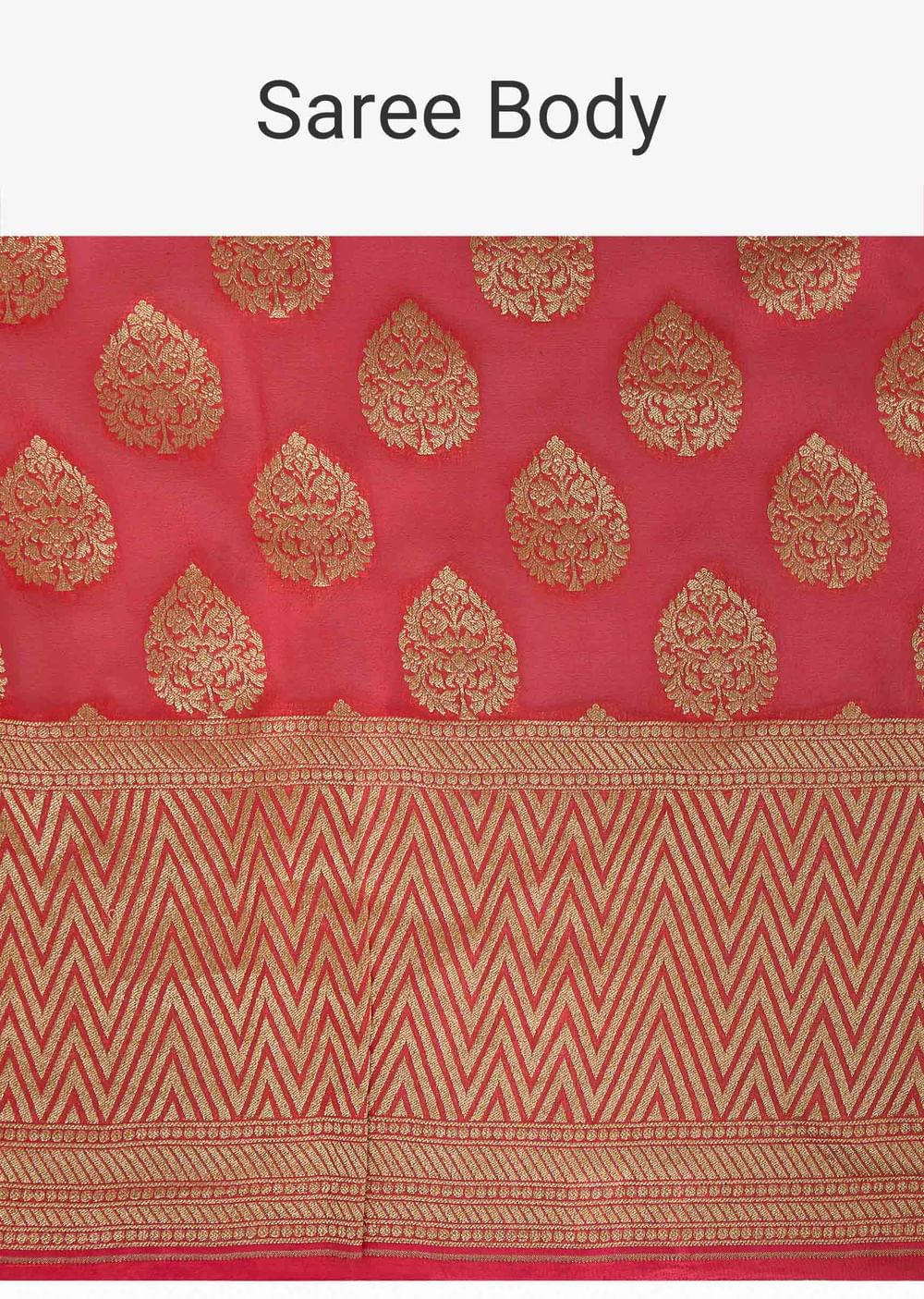 Dark peach georgette saree in weaved butti and border