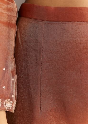 Dark Peach Organza Tissue Kurta Pant With Embroidered Dupatta