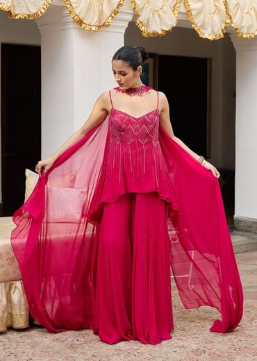 Dark Pink Georgette Sharara Set With Embroidered Kurta And Choker Dupatta