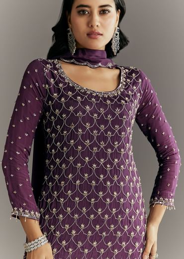 Dark Purple Chinon Sequin Work Kurta Sharara With Dupatta