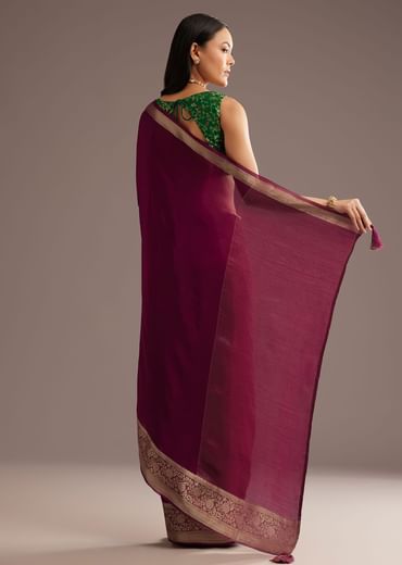 Dark Wine Crepe Silk Saree With Zari Border And Contrast Blouse