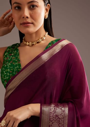 Dark Wine Crepe Silk Saree With Zari Border And Contrast Blouse