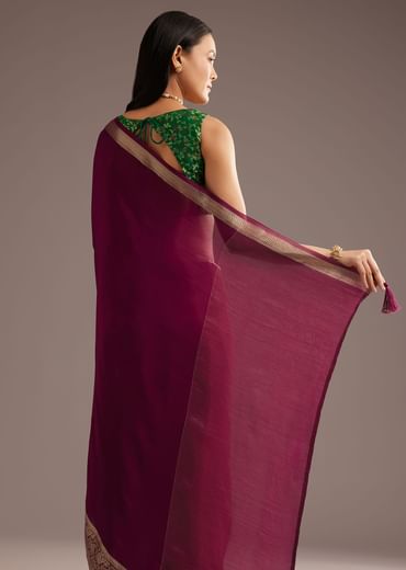 Dark Wine Crepe Silk Saree With Zari Border And Contrast Blouse