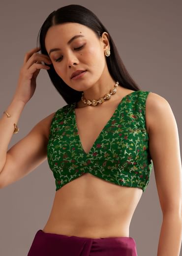 Dark Wine Crepe Silk Saree With Zari Border And Contrast Blouse