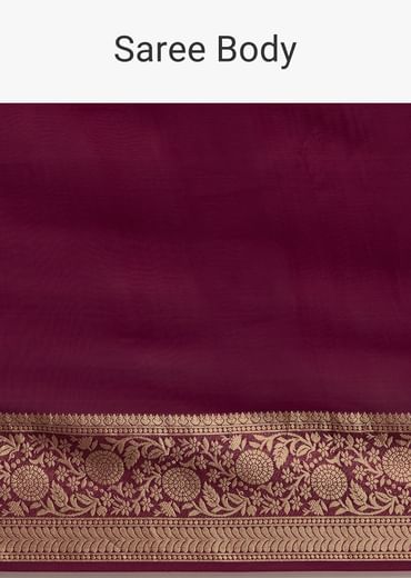 Dark Wine Crepe Silk Saree With Zari Border And Contrast Blouse