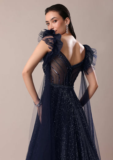 Dark Blue Embroidered Gown With Wings