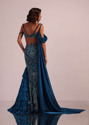 Dark Blue Fish Cut Bridal Lehenga Set In Net With Attached Cape