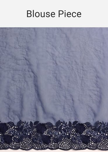 Dark Blue Organza Embroidered Saree With Unstitched Blouse
