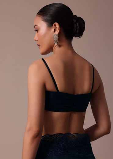 Dark Blue Organza Embroidered Saree With Unstitched Blouse