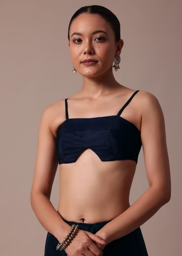 Dark Blue Organza Embroidered Saree With Unstitched Blouse