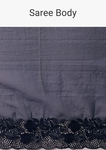 Dark Blue Organza Embroidered Saree With Unstitched Blouse