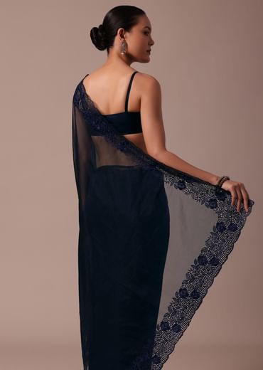 Dark Blue Organza Embroidered Saree With Unstitched Blouse