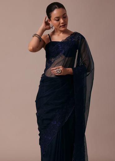 Dark Blue Organza Embroidered Saree With Unstitched Blouse