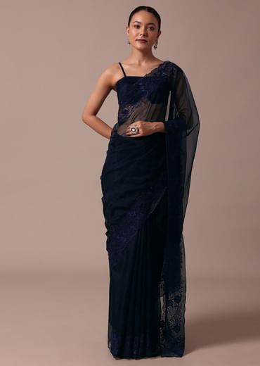 Dark Blue Organza Embroidered Saree With Unstitched Blouse