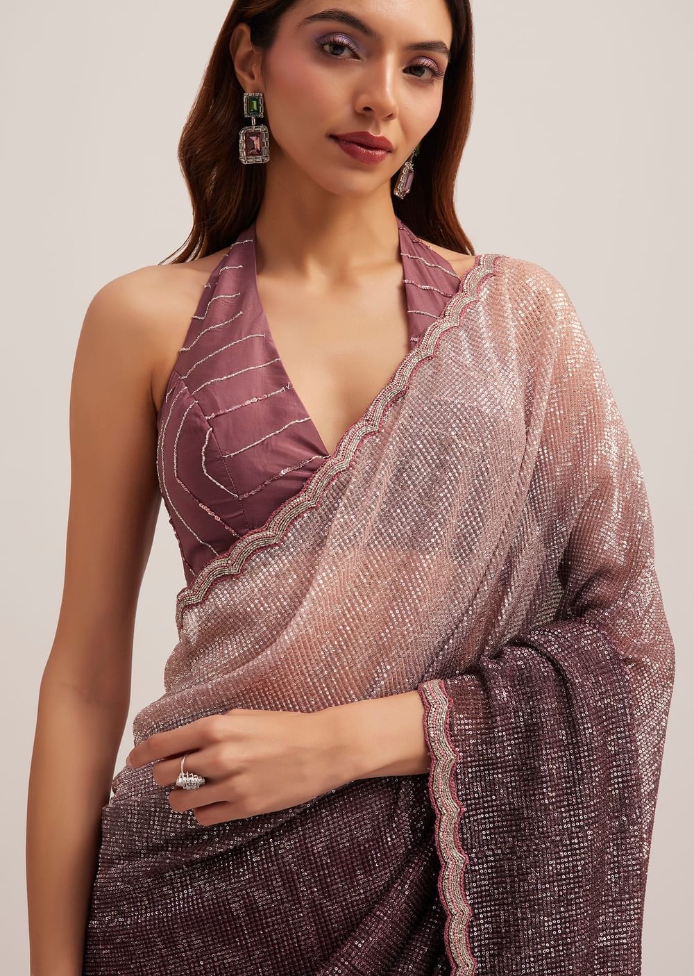 Dark Brown Dual Shaded Sequins Saree With Scalloped Border
