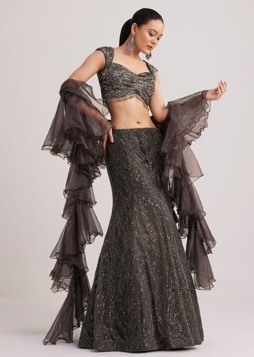Dark Brown Sequins Mermaid Lehenga Set