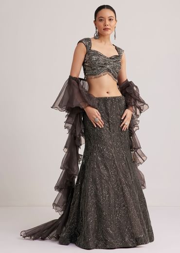 Dark Brown Sequins Mermaid Lehenga Set