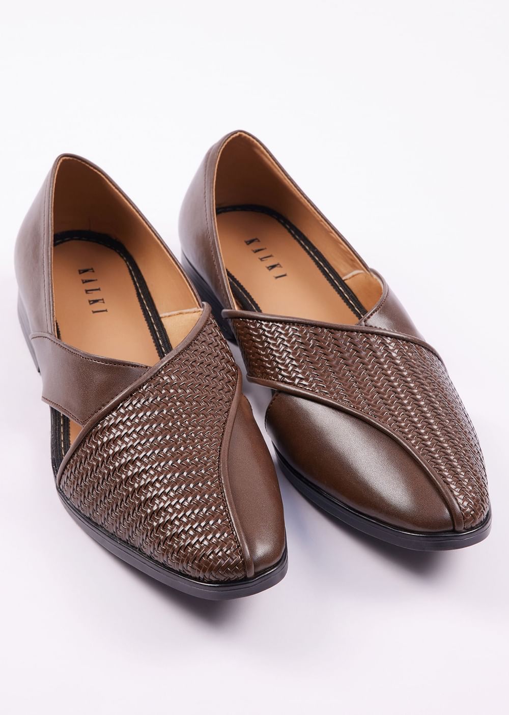 Dark Brown Woven Juttis For Men