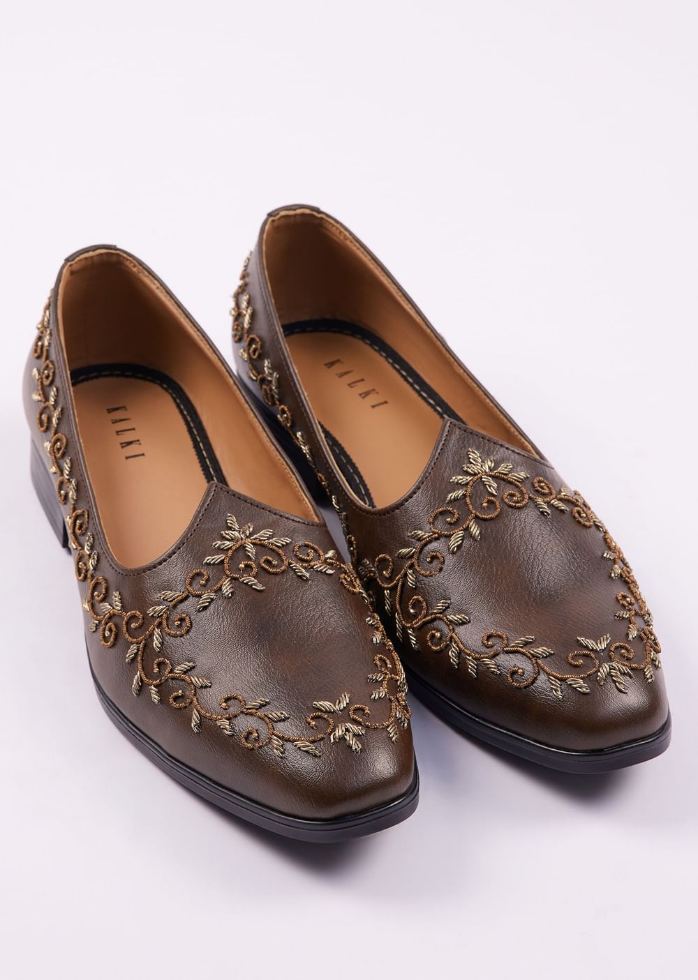 Dark Brown Zardosi Work Juttis For Men