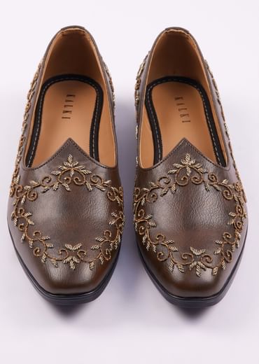 Dark Brown Zardosi Work Juttis For Men