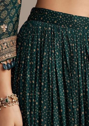 Dark Green Bandhani Kurta Set With Shell Tassel Detailing