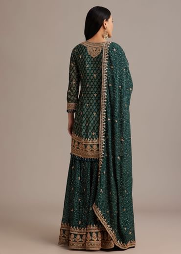 Dark Green Bandhani Kurta Set With Shell Tassel Detailing